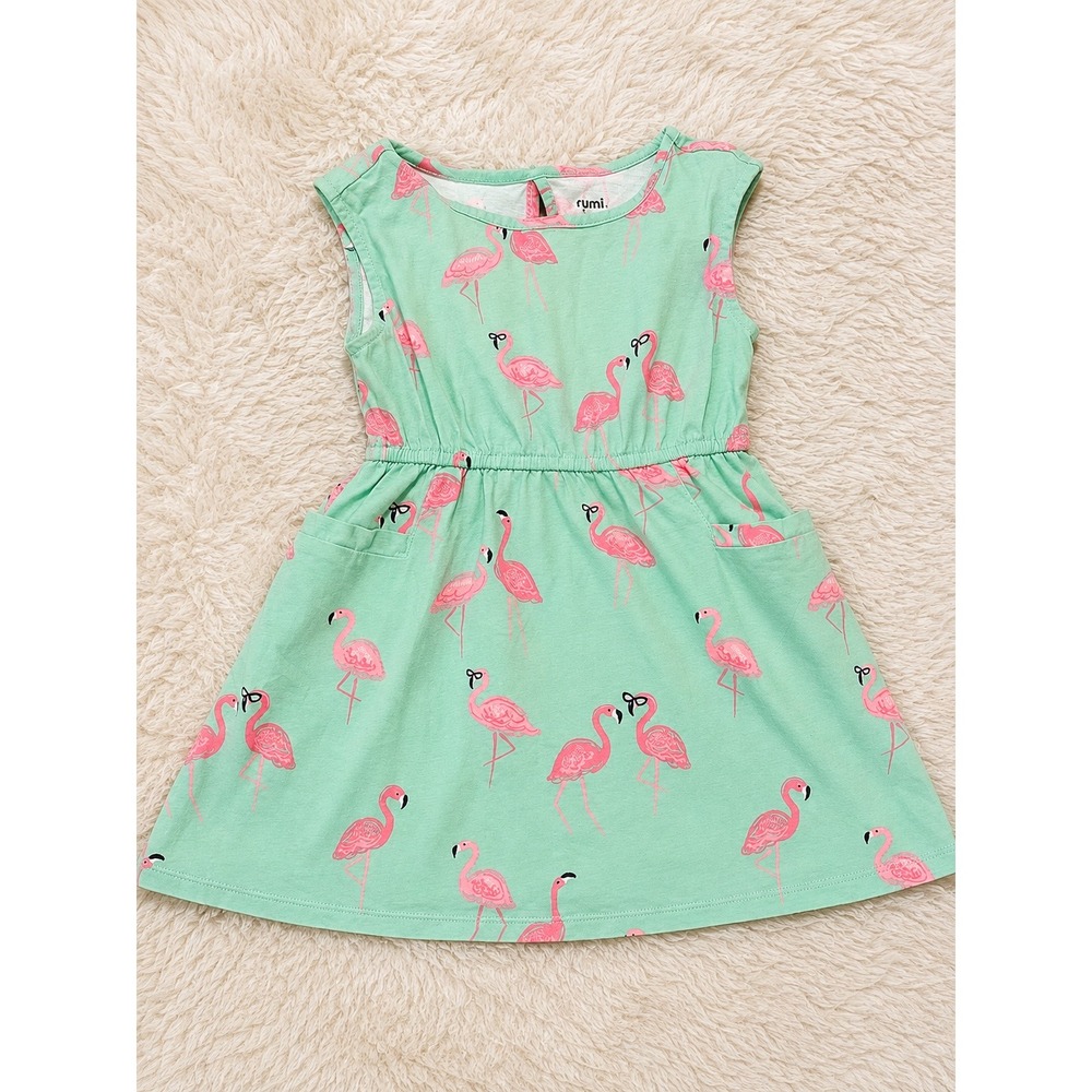 Rumi + Ryder Girls Mint Green Pink Flamingo Print Pocket Dress 3T